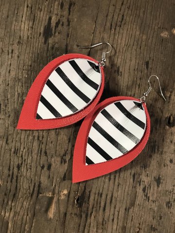 Red With Black and White Stripe Leather Earring