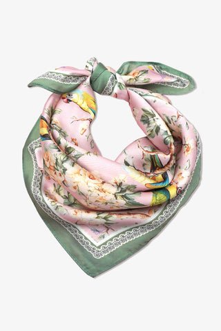 bird and floral print with greens and pink scarf. Lovely print