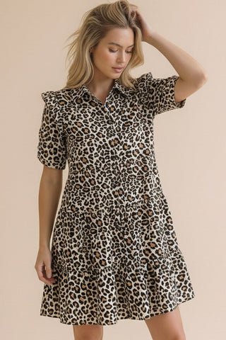 short sleeved collared leopard print short dress