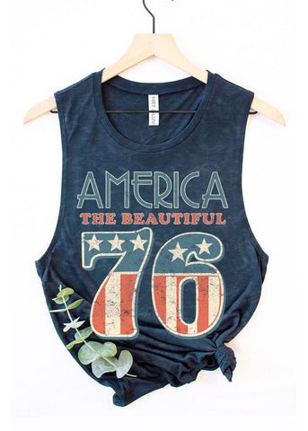 Navy blue graphic tank top with AMERICA the beautiful "76" in red, white and blue 
