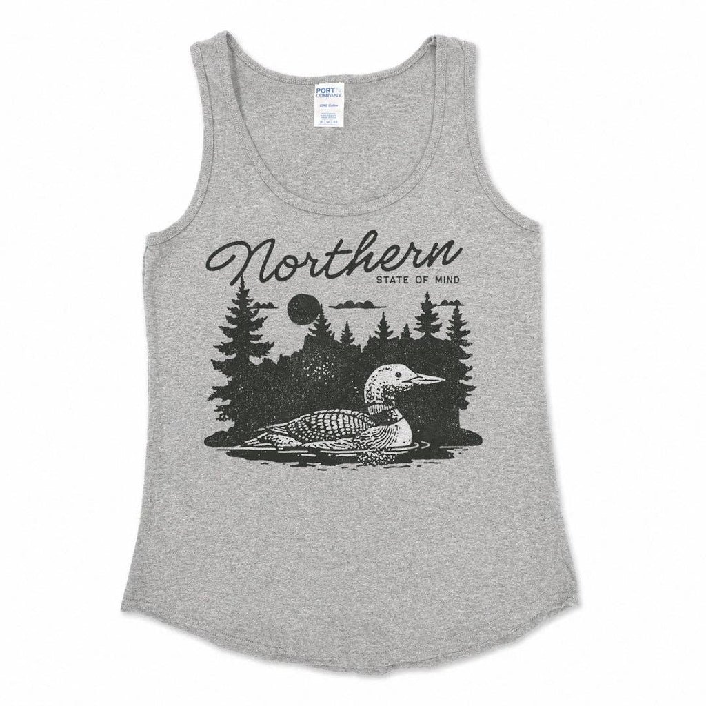 gray tank top with screen printing of a loon on the north shore "northern state of mind" in black