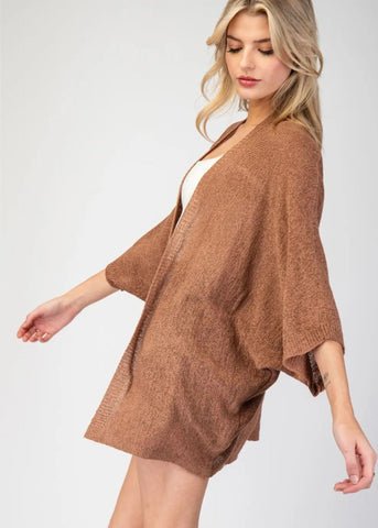 kimono inspired open cardigan, caramel color, 3/4 sightly batwing sleeved