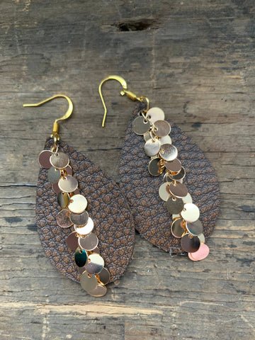Brown Gold Dangle Chain Leather Earring