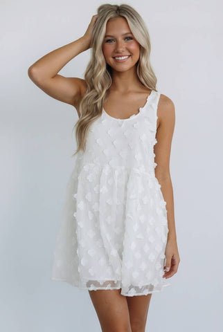 White strap-sleeve ROUND NECK FLOWER APPLIQUE SLEEVELESS ZIPPER CLASP BACK CHIFFON BABYDOLL LINED DRESS