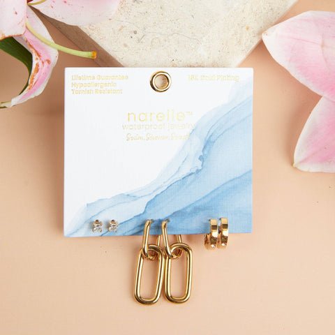waterproof double hoop post style earrings, golden single hoop earrings and cubic zirconia posts in golden inlay