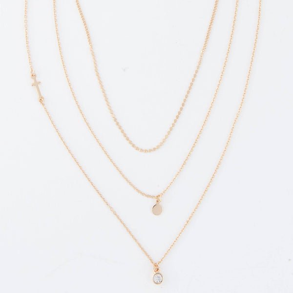 Layered Necklace Char 15" Gold  Side Cross Gem Pendant